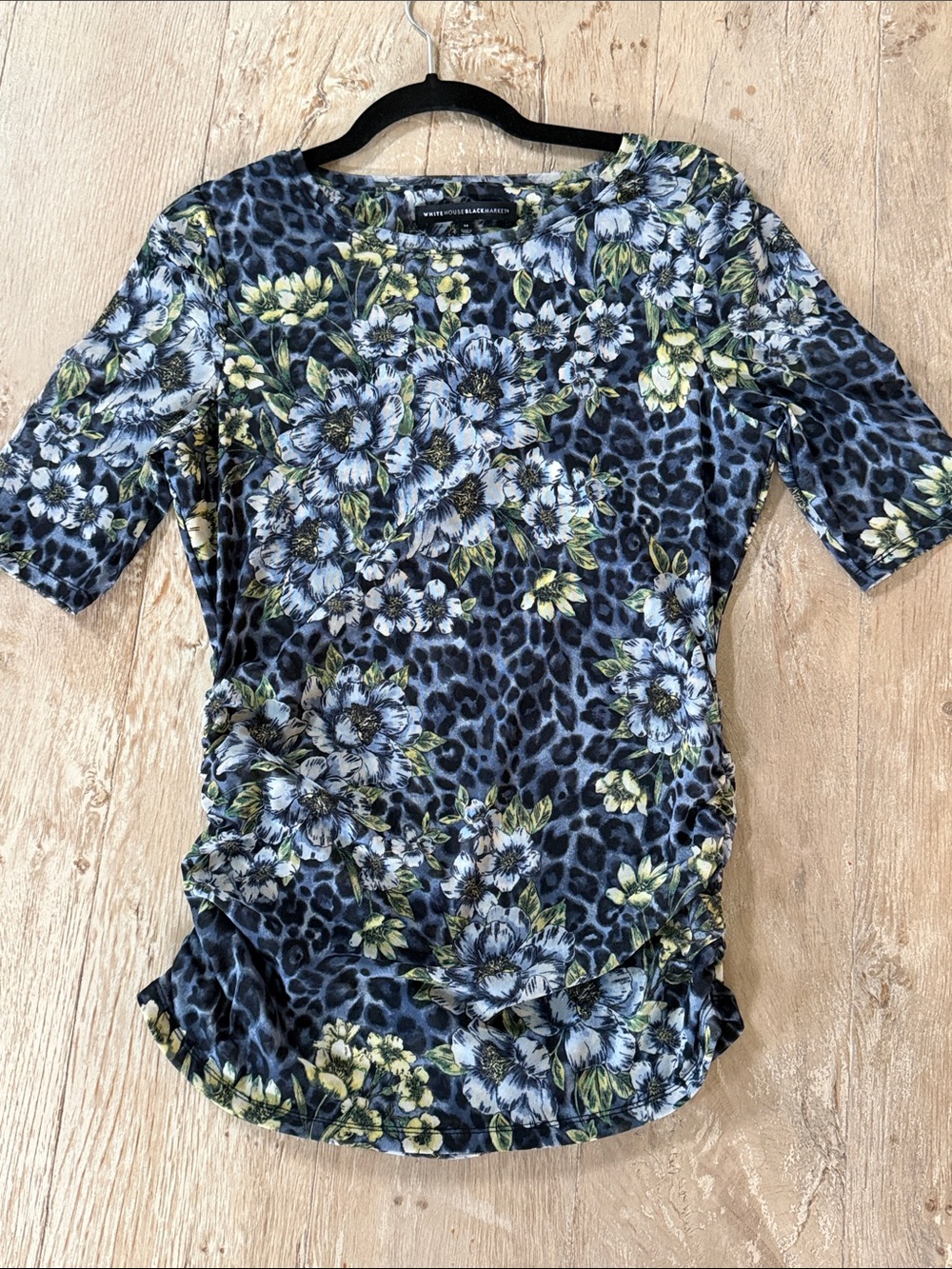 White House Black Market Blue Floral & Leopard Print Short Sleeve Mesh Top Med